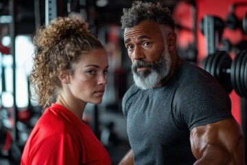 A male and female athlete intensely focusing on their powerlifting training at the gym, demonstrating strength, discipline, and concentration in their workout routine.