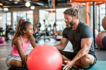 A father and daughter team up for a fun and engaging workout session, promoting family bonding, exercise enthusiasm, and a healthy parent-child relationship.