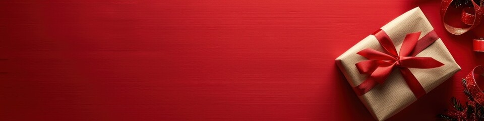 A gift wrapped with a red ribbon on a red background. The vibrant colors emphasize celebration and joy, creating a festive and elegant atmosphere