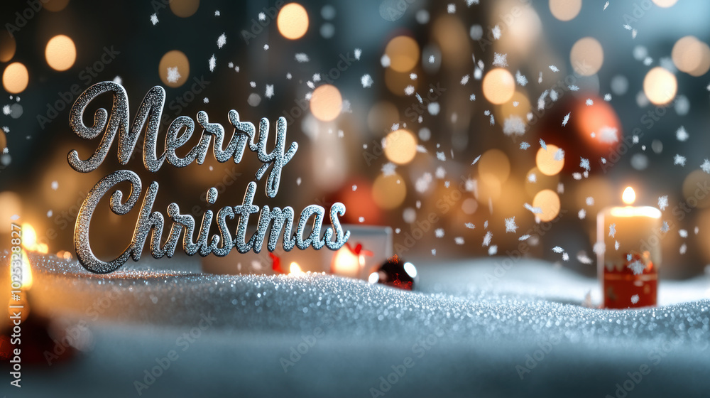 Poster merry christmas in shimmering silver script surrounded by soft snowflakes and glowing candles create