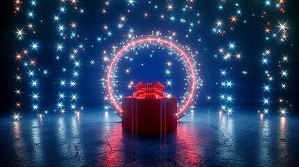 A red box is in the center of a blue and red circle