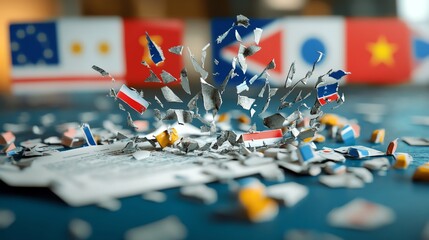 Shattered document and national flags symbolizing international conflict or division.