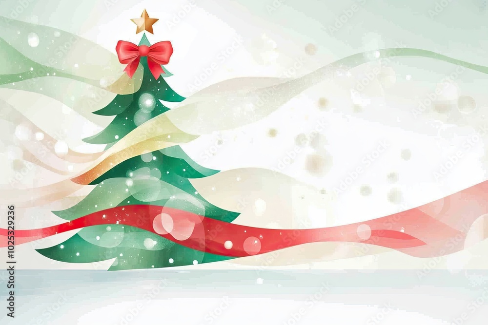 Poster a festive christmas tree adorned with red and green bows in a subtle, pale backdrop