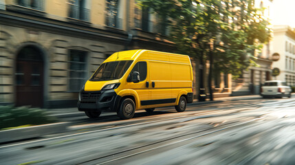 Yellow van is driving down a street. The van is the main focus of the image, and it is moving quickly. The street is illuminated by streetlights, creating a sense of motion and energy
