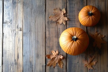 Thanksgiving Day Celebration With Ripe Pumpkins and Autumn Leaves on Rustic Wooden Table