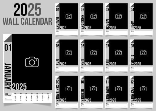 2025 Minimalist Trendy Wall Calendar Design - Set of 12 Pages Black and White Wall Calendar Template for Print