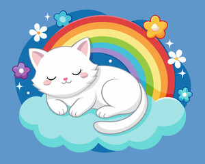 A white kitten curled up sleeping on a fluffy cloud, with a colorful rainbow and butterflies realistic high-resolution smooth vector illustration design on a white background
