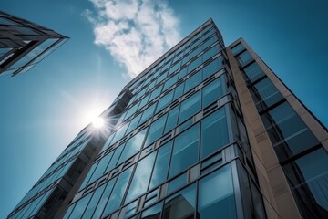 Obraz premium Looking up at a modern office building against a clear blue sky