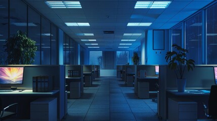 Nighttime office empty cubicles wide shot subdued lighting serene and quiet environment