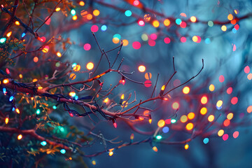 Tree branches decorated with a garland on a blurred evening background