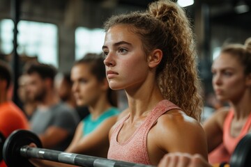 Obraz premium Young woman in a group setting weightlifts at the gym with focused intensity, highlighting the determination and strength embodied in her athletic workout routine.