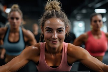 A confident woman in a pink sports bra leads a group during an intense workout session, exuding...