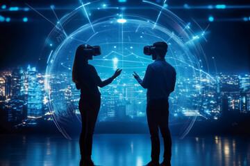 A futuristic talk show set in a virtual reality environment, where hosts and guests interact as digital avatars in a virtual studio. The possibilities are endless as technology advances