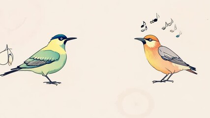 A playful illustration of two colorful birds chirping and interacting with each other, set against a light background. The cartoon style adds a cheerful and whimsical touch.