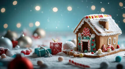 beautifully crafted gingerbread house adorned with colorful icing and candy, surrounded by festive decorations and gifts, evokes warm holiday spirit