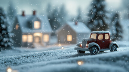 charming red toy car is parked on snowy road, surrounded by winter wonderland of snow covered houses and trees. scene evokes cozy, festive atmosphere