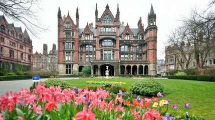 Elegant Mansion Surrounded by Colorful Flowers and Greens