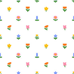 Colorful abstract flower art seamless pattern illustration. Organic nature floral background in vintage style. Spring season collage decoration texture, drawing print.