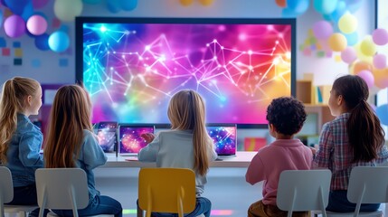 Children engaged in interactive learning with digital technology in a colorful classroom, showcasing modern educational tools and creativity.