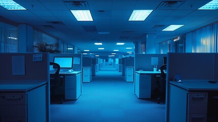 Wide shot of empty office cubicles at night low ambient lighting calm and quiet scene