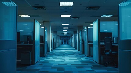 Wide shot of empty office cubicles at night low ambient lighting calm and quiet scene