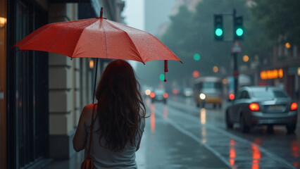 Woman Holding Red Umbrella