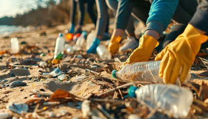 Obraz premium Group of people are picking up trash on a beach. Scene is one of community service and environmental awareness