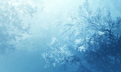 Fototapeta premium Dramatic Seasonal Background with Snow covered Tree Silhouettes in Fog. Blue Winter Woodland Banner