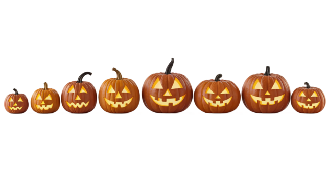 Halloween, pumpkins, jack-o'-lanterns, carved pumpkins, autumn, fall, orange, spooky, scary, festive, holiday, decoration, glowing, faces, expressions, lineup, row, various sizes, illuminated, candles