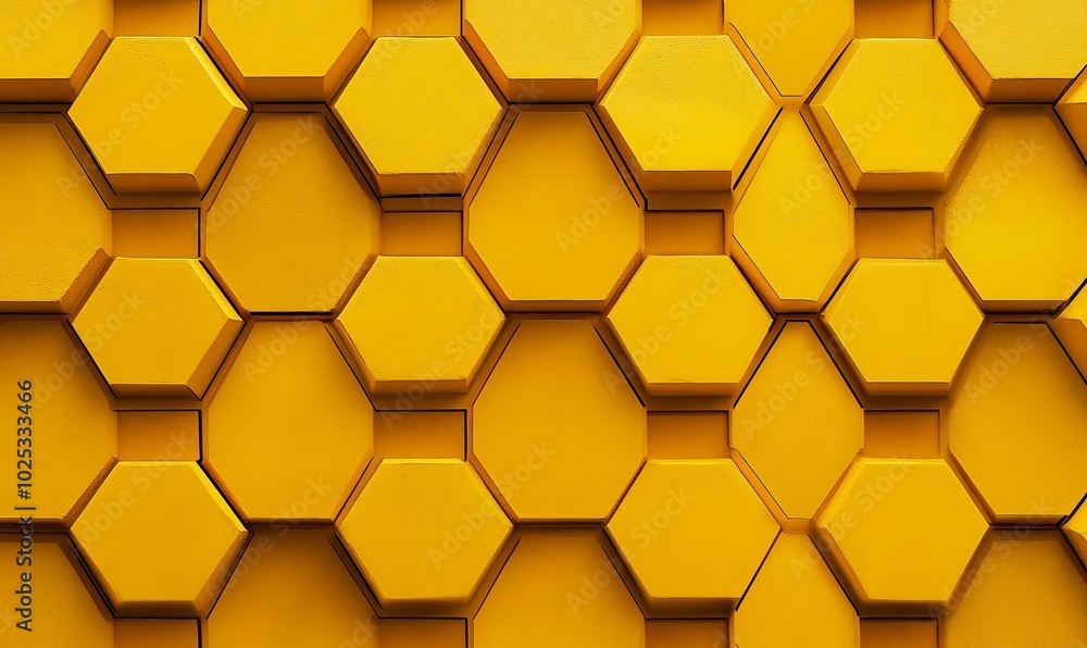 Poster geometric pattern of hexagonal shapes in bright yellow arranged symmetrically across a flat surface,