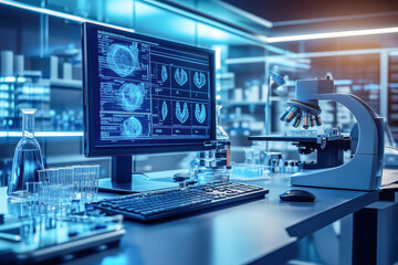 Fototapeta premium A medical research laboratory where scientists use AI algorithms to analyze genetic data and develop personalized treatments for patients with complex diseases