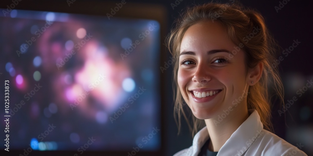 Poster a young woman smiles while standing near a monitor displaying a colorful cosmic image. this vibrant 