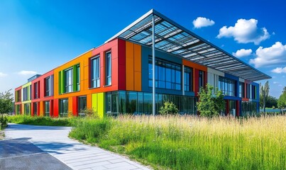 Naklejka premium Modern sustainable building under blue sky in