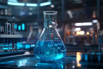 Chemistry lab flask filled with blue liquid, modern science tools, seamless digital interaction, future of chemistry technology