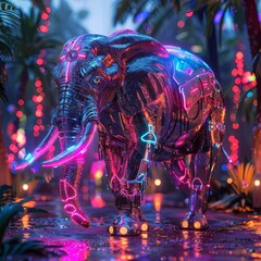 A futuristic elephant with metallic skin and glowing tusks, walking in a neon jungle