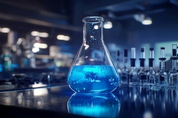 Chemistry lab flask filled with blue liquid, modern science tools, seamless digital interaction, future of chemistry technology