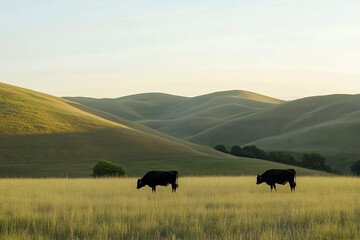 A peaceful countryside scene with grazing cows and rolling hills