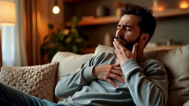 A young Muslim man reclining on a cozy couch at home, holding his chest with one hand to show that he is in great discomfort. He is obviously distressed. 