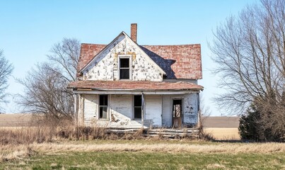 Obraz premium Old run down damaged abandoned house in rural agricultural setting
