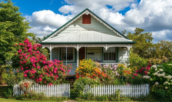 old Queenslander style house in Brisbane suburbs with an overgrown garden on a sunny day
