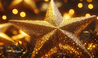 Glittering surface of a gold star tree topper, with its shiny, metallic texture reflecting the glow of Christmas lights