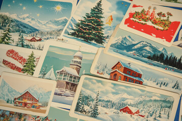 A photo collage displaying a collection of vintage Christmas postcards from different eras and regions, each capturing the spirit and traditions of Christmas celebrations around the world