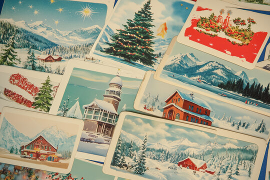 A photo collage displaying a collection of vintage Christmas postcards from different eras and regions, each capturing the spirit and traditions of Christmas celebrations around the world