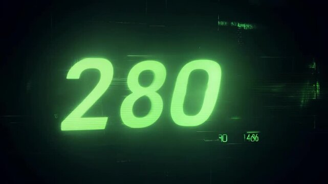 A green LED number 280 glowing brightly against a black background, indicating speed or progress in a digital context. The intense neon lighting creates a futuristic feel.