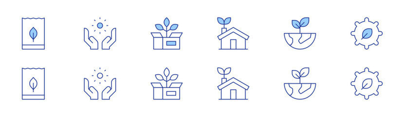 Ecology icon set in two styles, Duotone and Thin Line style. Editable stroke. eco packaging, package, plant, eco house, eco factory, sun