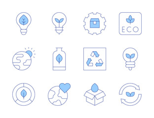 Ecology icons. Line Duotone style, editable stroke. ecology, box, eco light, eco, eco friendly, packaging, greenhouse effect, supply, recycle, light bulb