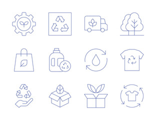 Ecology icons. Thin Line style, editable stroke. box, distribution, recycling, shopping bag, sustainable, detergent, recycle, clothes, reuse, gear, trees