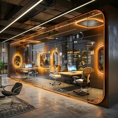 A modern business incubator with interactive digital labs and holographic mentoring spaces, fostering innovation