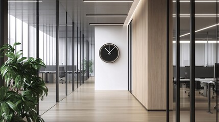 A modern office hallway with glass walls, wooden accents, and a large clock on the wall. Generative ai