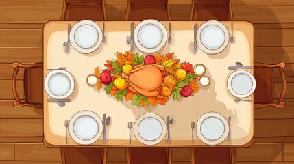 Table setting with fall decor for Thanksgiving dinner. Top view. Copy space. 